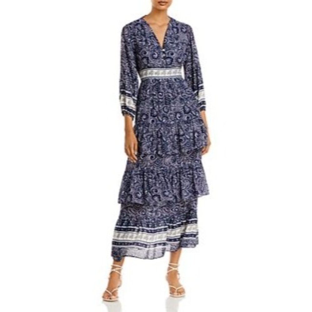 AQUA Ruffled Tiered Midi Dress Dark Navy NWT Size XS